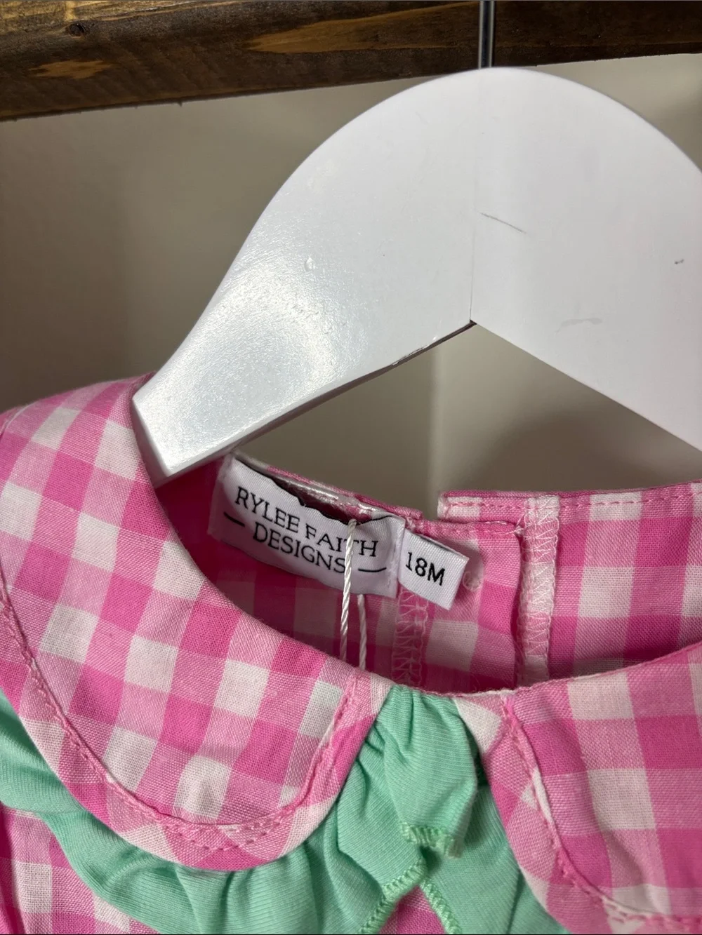 Pink Gingham Smocked Christmas One-Piece with Mint Ruffle Trim Size 18M
